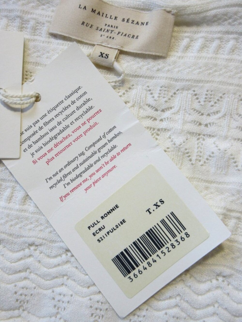 NWT La Maille Sezane Ronnie in Ecru Textured Pointelle Knit Sweater Top XS - Picture 9 of 13